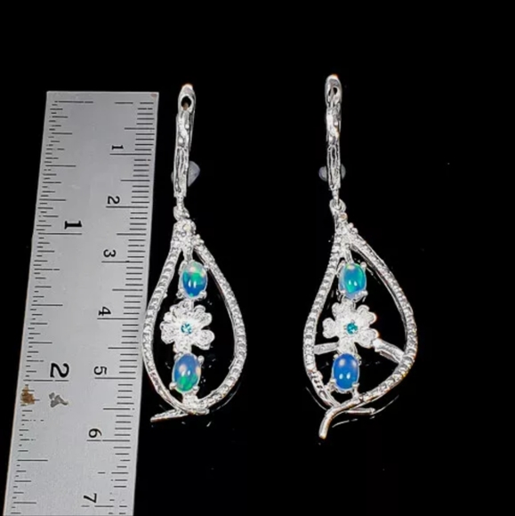 STUNNING Fire Opal & Sapphire Sterling floral earrings - Picture 6 of 9